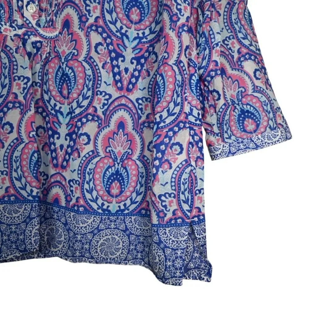 Talbots Women's XLP 3 Button Popover - Joyful Damask Top